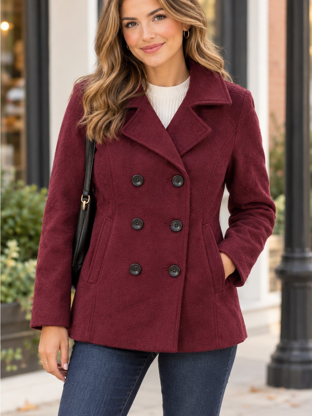 Women’s Double-Breasted Peacoat in Wine -